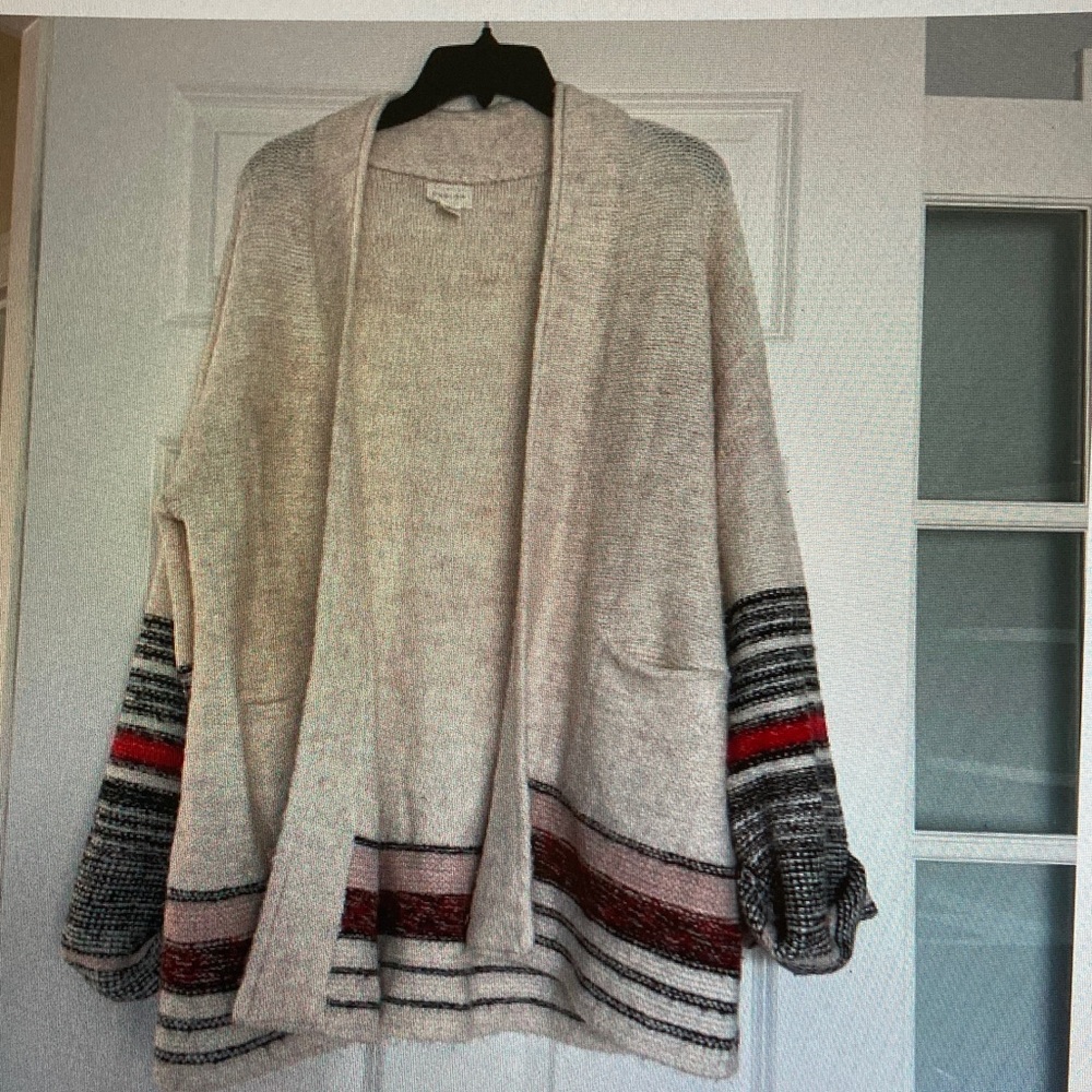 Caslon Cream Open Cardigan with Red and Brown Stripe Accents
